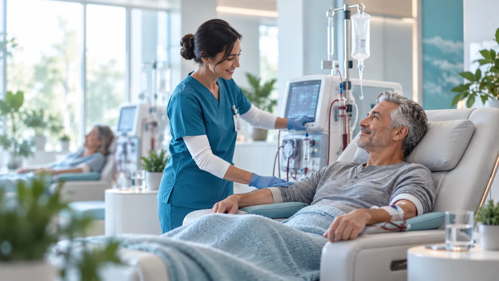 A clinician caring for a patient during dialysis in a bright, modern treatment room